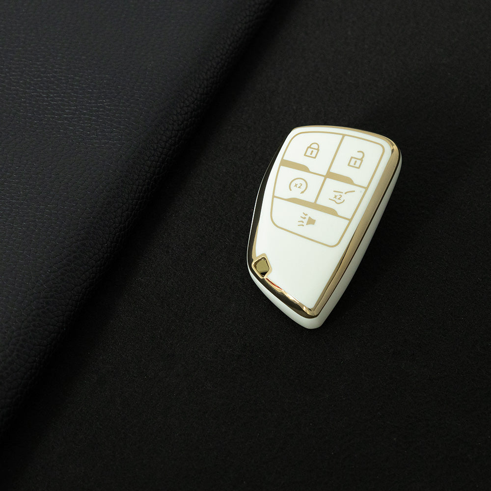 CEV3T1 White-Gold Plating Car Key Cover Tpu Car Key Case Fob Cover Shell for Chevrolet Tahoe Suburban for GMC Yukon for Buick ENVISION S Plus Avenir 2020 2021 2022 2023