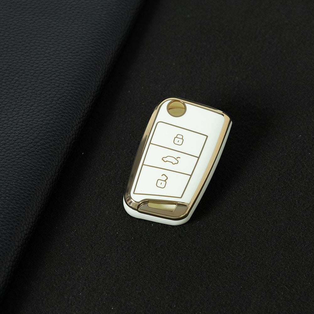 VOF1T1 White-Gold Plating TPU Premium Soft Car Key Case Cover Shell for Volkswagen Tiguan L Lavida Plus Golf 7 Polo Skoda Key Rings Keychain Bag Accessory