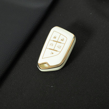 CAB1T1 White-Gold Plating TPU Premium Soft Car Key Case Cover Shell for Cadillac XT5 XT4 XT6 CT5 CT6 CT4 XTS ATSL SRX Key Ring Keychain Bag Accessory