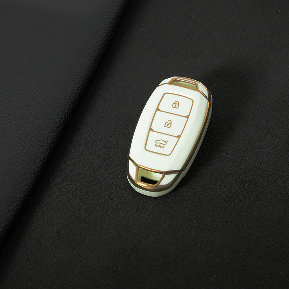 HYA1T1 White-Gold Plating Car Key Cover 3 Buottons TPU Car Key Case Cover Shell Fob Holder for Hyundai Palisade Limited Palisade Elantra Sel Elantra Santa Fe Veloster
