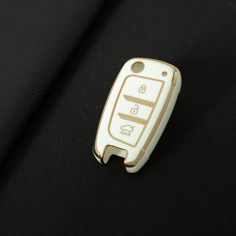 HYB1T1 White-Gold Plating TPU Car Folding Key Case Cover Holder for Hyundai Azera Elantra Solaris Tucson I30 I35 I40 KONA Genesis Santa Fe Shell Fob