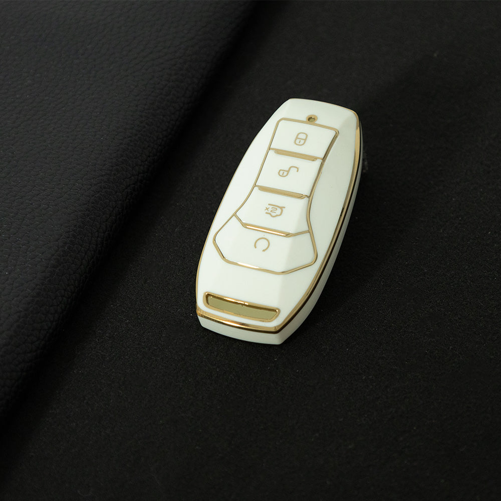 BYA1T1 White-Gold Plating Car Key Cover TPU premium soft car key cover for BYD Song Plus, Qin DMI, Han EV Yuan Pro, Tang ATTO, with 3 key rings and key chain pouch accessories.