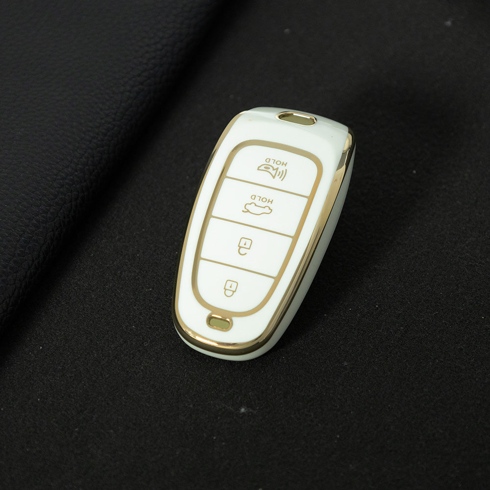 HYE7T1 White-Gold Plating TPU Car Key Case Cover for Hyundai Santa Fe Tucson 2022 NEXO NX4 Atos Prime Solaris 2021