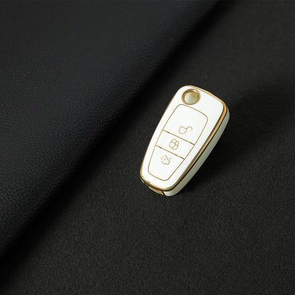 FOD1T1 White-Gold Plating Car Key Cover TPU Car Folding Key Case Cover Bag Keychain for Ford Focus C-Max S-Max Galaxy Mondeo Ranger Transit Tourneo Custom