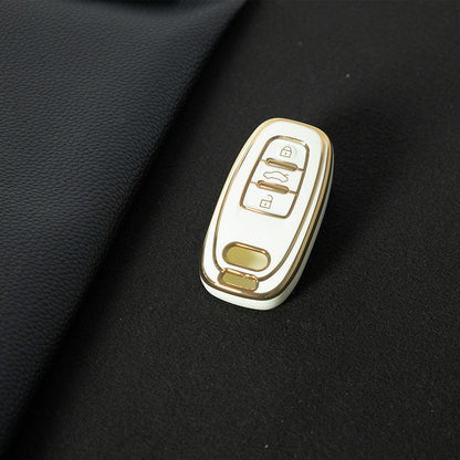 AUB1T1 White-Gold Plating Car Key Cover Silver Trim Full-Coverage TPU Key Cover for Audi A6L/A7/A8/A3/A5/Q5/S6 - Anti-Scratch Protective Case