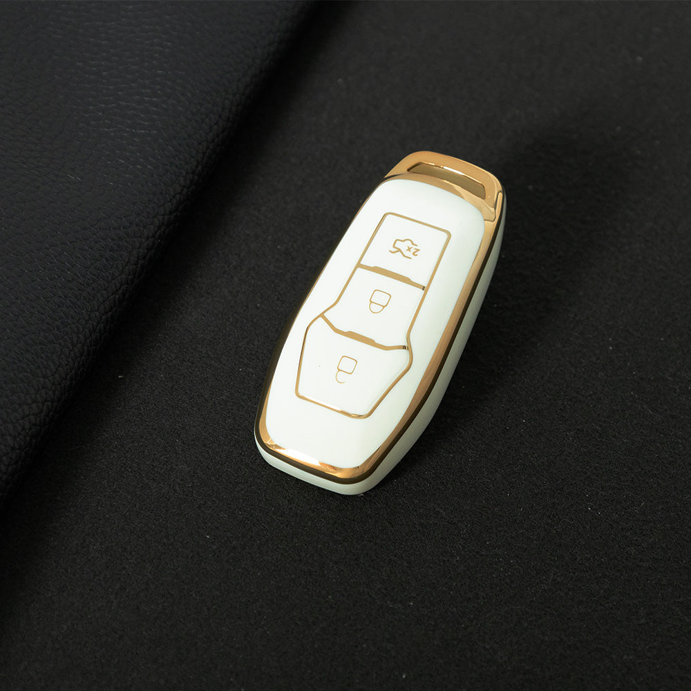 FOU3T1 White-Gold Plating Soft Shell Fob Holder TPU Car Key Cover Case for Ford Fusion Mondeo Mustang F-150 Explorer Edge 2015 2016