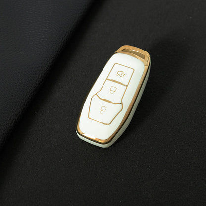 FOU3T1 White-Gold Plating Soft Shell Fob Holder TPU Car Key Cover Case for Ford Fusion Mondeo Mustang F-150 Explorer Edge 2015 2016