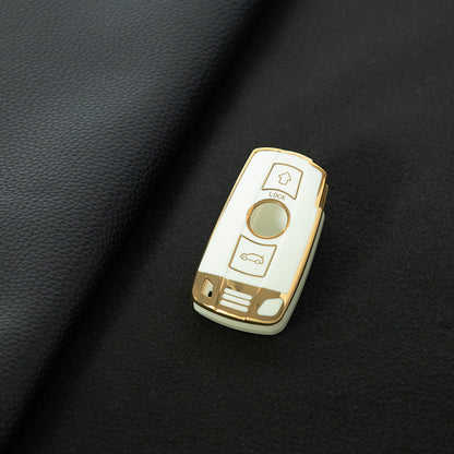 BMD1T1 White-Gold Plating Car Key Cover TPU Car Key Case Cover Shell Fob for BMW E60 E61 E70 E81 E87 E90 E91 E92 X1 X5 X3 1 3 5 6 Series Z4 Key Protection Accessories