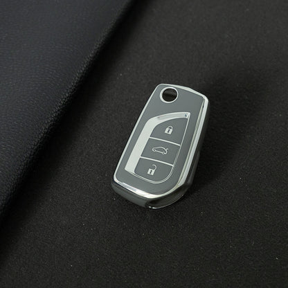 TOA1T1 Space Gray-Silver Plating Car Key Cover Premium Soft TPU Car Key Case Cover Shell for Toyota COROLLA camry LEVIN REIZ highlander RAV4 Fold Key Rings Keychain Bag