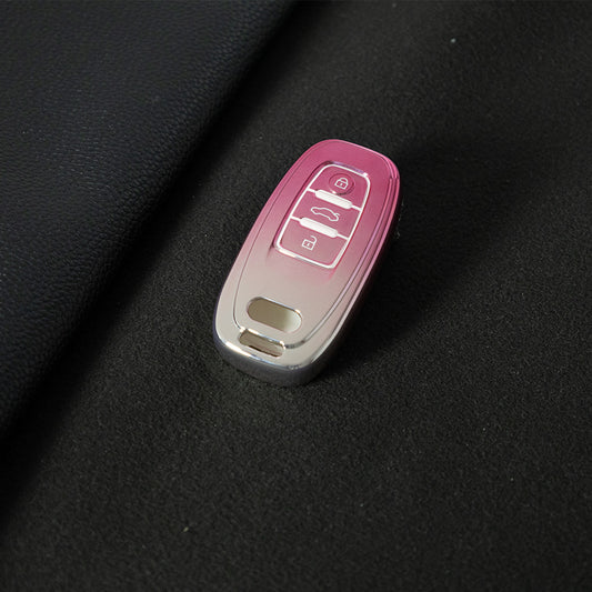 AUB1T1 Gradient Pink Car Key Cover Silver Trim Full-Coverage TPU Key Cover for Audi A6L/A7/A8/A3/A5/Q5/S6 - Anti-Scratch Protective Case