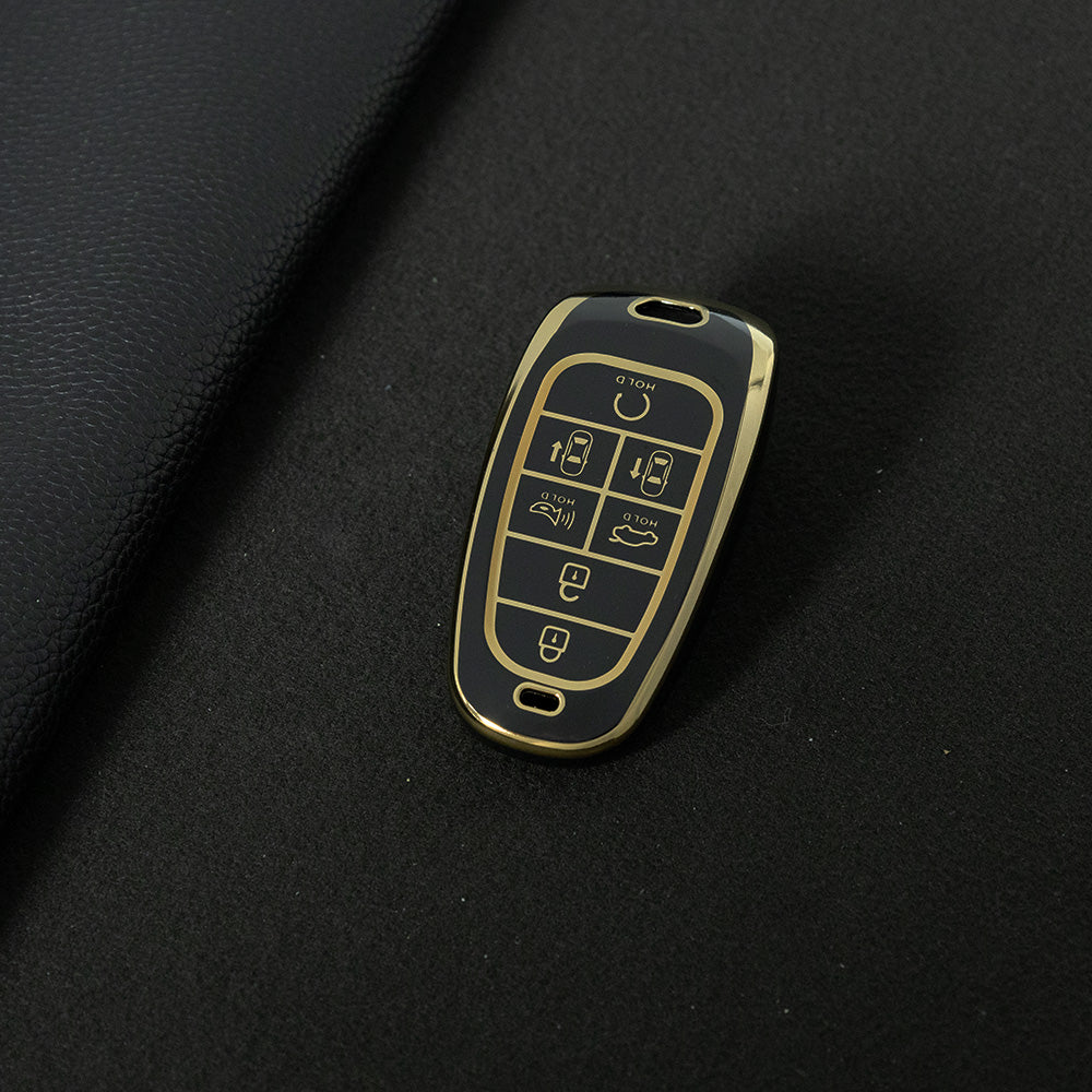 HYE4T1 Black-Gold Plating 7 Buttons TPU Car Smart Key Case Cover for Hyundai Tucson Solaris Sonata Hybrid NEXO NX4 Santafe Dn8 2020 - 2023 Accessories