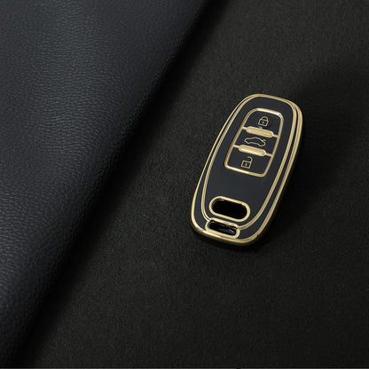 AUB1T1 Black-Gold Plating Car Key Cover Silver Trim Full-Coverage TPU Key Cover for Audi A6L/A7/A8/A3/A5/Q5/S6 - Anti-Scratch Protective Case