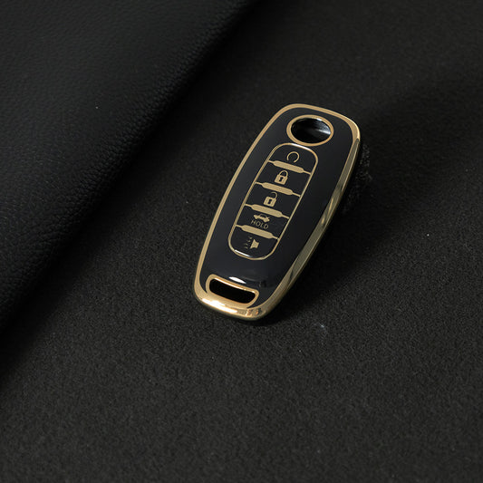 NIA3T1 Black-Gold Plating TPU Car Key Cover Soft Key Shell Fob Holder Suitable for Nissan Sylphy Bluebird Teana X-Trail Murano GTR