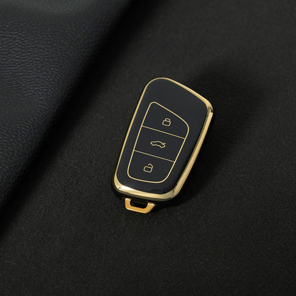 CRB1T1 Black-Gold Plating Car Key Cover Premium Soft TPU Car Key Case Cover Shell for Chery Arrizo Mart Ant New Energy ICar Ecology QQ Ice Cream Key Rings Keychain Bag