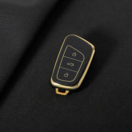 CRB1T1 Black-Gold Plating Car Key Cover Premium Soft TPU Car Key Case Cover Shell for Chery Arrizo Mart Ant New Energy ICar Ecology QQ Ice Cream Key Rings Keychain Bag