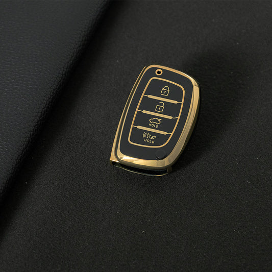 HYD3T1 Black-Gold Plating 4 Buttons Key Case TPU Car Key Cover Shell Fob for Hyundai Tucson Santa Fe Rena Sonata Elantra Creta Ix35 Ix45 I10 I30 I40