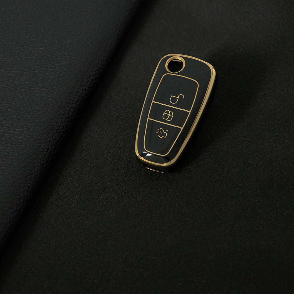 FOD1T1 Black-Gold Plating Car Key Cover TPU Car Folding Key Case Cover Bag Keychain for Ford Focus C-Max S-Max Galaxy Mondeo Ranger Transit Tourneo Custom