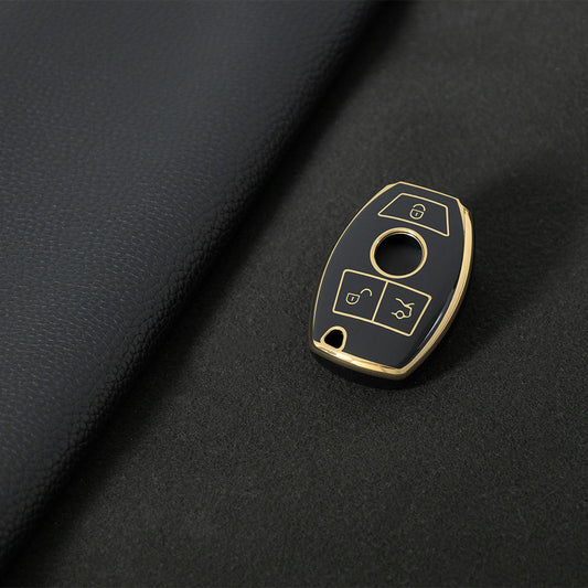 MEC1T1 Black-Gold Plating Car Key Cover Premium Soft TPU Car Key Case Cover Shell for Mercedes Benz C260L C200L A180L GLC260 GLA E300l CLASS Key Rings Keychain Bag