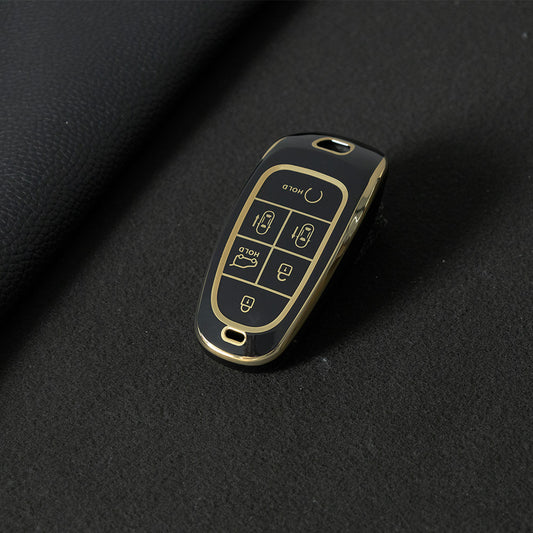 HYE9T1 Black-Gold Plating TPU Car Key Case Cover for Hyundai Santa Fe Tucson 2022 NEXO NX4 Atos Prime Solaris 2021