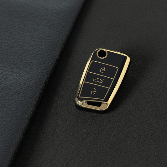 VOF1T1 Black-Gold Plating TPU Premium Soft Car Key Case Cover Shell for Volkswagen Tiguan L Lavida Plus Golf 7 Polo Skoda Key Rings Keychain Bag Accessory