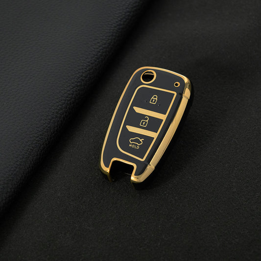 HYB1T1 Black-Gold Plating TPU Car Folding Key Case Cover Holder for Hyundai Azera Elantra Solaris Tucson I30 I35 I40 KONA Genesis Santa Fe Shell Fob