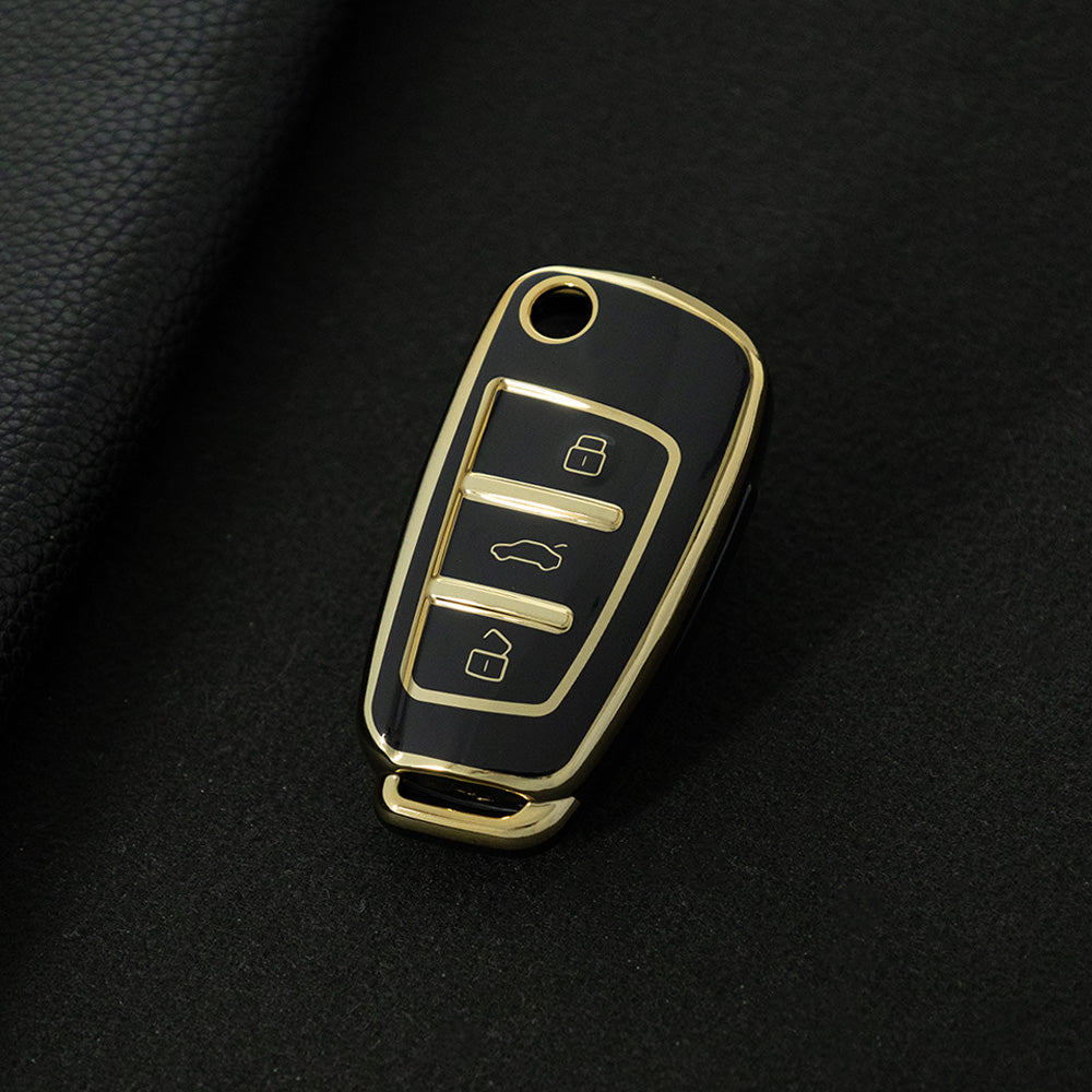 AUD1T1 Black-Gold Plating Car Key Cover For Audi Q3 Q7 Q5 TT Q2L A3 A1 Fold Key Rings Keychain Bag
