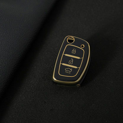 HYF2T1 Black-Gold Plating Car Accessories TPU Remote Car Key Case Cover Auto Key Shell Fob Holder Compatible with Hyundai Ix25 Ix35 Elantra Mistra