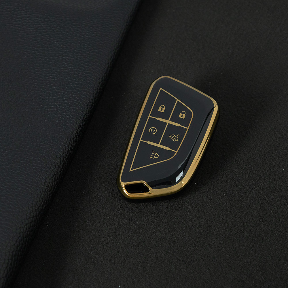 CAB1T1 Black-Gold Plating TPU Premium Soft Car Key Case Cover Shell for Cadillac XT5 XT4 XT6 CT5 CT6 CT4 XTS ATSL SRX Key Ring Keychain Bag Accessory