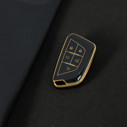 CAB1T1 Black-Gold Plating TPU Premium Soft Car Key Case Cover Shell for Cadillac XT5 XT4 XT6 CT5 CT6 CT4 XTS ATSL SRX Key Ring Keychain Bag Accessory