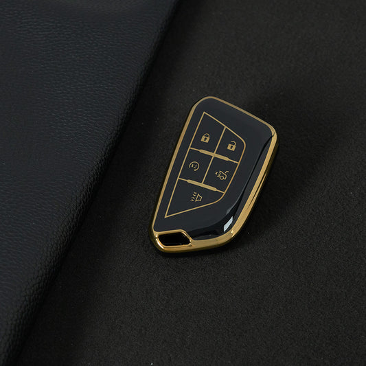 CAB1T1 Black-Gold Plating TPU Premium Soft Car Key Case Cover Shell for Cadillac XT5 XT4 XT6 CT5 CT6 CT4 XTS ATSL SRX Key Ring Keychain Bag Accessory