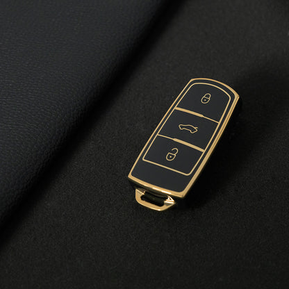 VOH1T1 Black-Gold Plating TPU Flip Remote Car Keychain Cover for VW VolksWagen B6 B7 3C Magotan Passat CC 3-Button Design