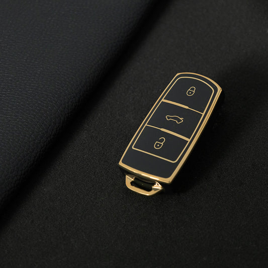 VOH1T1 Black-Gold Plating TPU Flip Remote Car Keychain Cover for VW VolksWagen B6 B7 3C Magotan Passat CC 3-Button Design