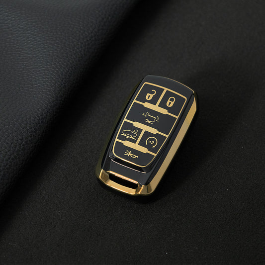 JEE1T1 Black-Gold Plating TPU Car Key Case Cover for Jeep Dodge GMC RAM Trucks T-REX Challenger Jcuv