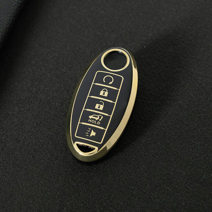 NIB6T1 Black-Gold Plating Car Key Cover Silver Edge TPU Car Key Cover Keychain Fob Case Accessories for Nissan Note Qashqai Pathfinder Rogue Versa Infiniti Q50 Kia