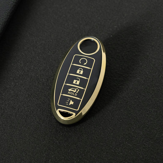 NIB6T1 Black-Gold Plating Car Key Cover Silver Edge TPU Car Key Cover Keychain Fob Case Accessories for Nissan Note Qashqai Pathfinder Rogue Versa Infiniti Q50 Kia