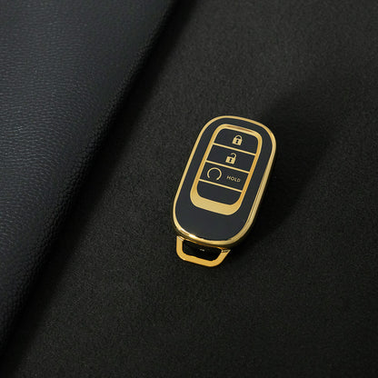 HOB3T1 Black-Gold Plating Car Key Cover TPU Remote Key Fob Cover 4-button Car Key Case Protective Accessories Suitable for Honda Accord Civic HR-V CR-V Pilot Odyssey
