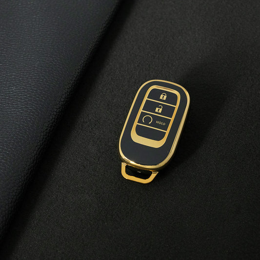 HOB3T1 Black-Gold Plating Car Key Cover TPU Remote Key Fob Cover 4-button Car Key Case Protective Accessories Suitable for Honda Accord Civic HR-V CR-V Pilot Odyssey