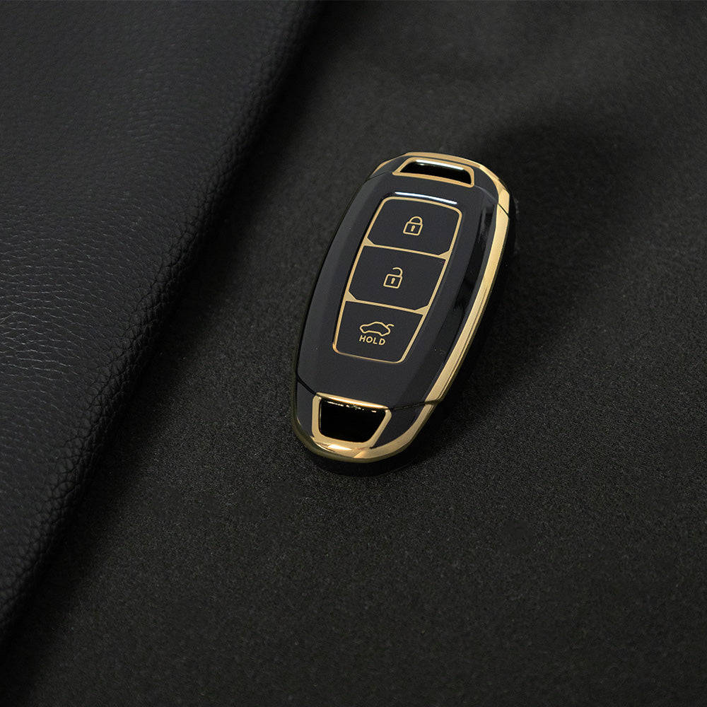 HYA1T1 Black-Gold Plating Car Key Cover 3 Buottons TPU Car Key Case Cover Shell Fob Holder for Hyundai Palisade Limited Palisade Elantra Sel Elantra Santa Fe Veloster