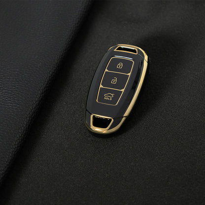 HYA1T1 Black-Gold Plating Car Key Cover 3 Buottons TPU Car Key Case Cover Shell Fob Holder for Hyundai Palisade Limited Palisade Elantra Sel Elantra Santa Fe Veloster